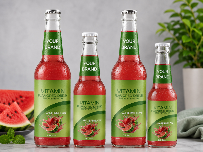 VITAMIN FLAVORED DRINK Watermelon flavour in 330ml, 250ml, 275ml, and 200ml glass bottles.